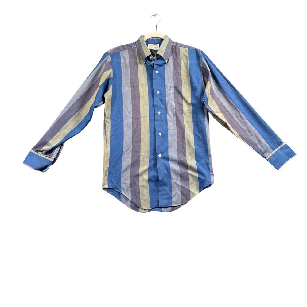 Brent Vintage Made in Japan Button Down Shirt Mens S Blue Green‎ Striped 90s